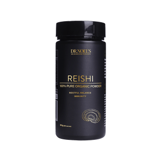 Container of Concentrated Organic Reishi Mushroom Powder with the brand name visible