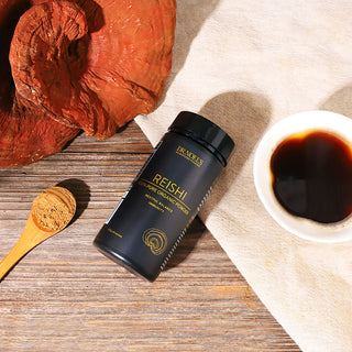 Concentrated Organic Reishi Mushroom Powder in a packaging with a measuring spoon