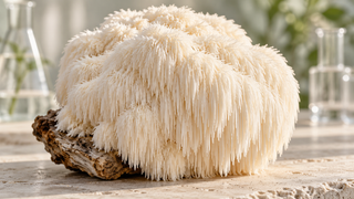White lion’s mane mushroom with long hanging spines on pale stone, with softly blurred laboratory glassware behind it.
