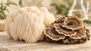 White lion’s mane mushroom beside layered, brown-and-grey turkey tail mushrooms on bark, arranged on an ivory stone surface.
