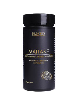 A jar of Concentrated Organic Maitake Mushroom Powder as a dietary supplement