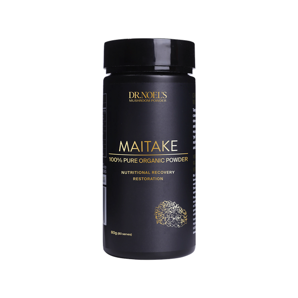 A jar of Concentrated Organic Maitake Mushroom Powder as a dietary supplement