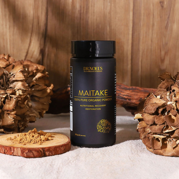 Concentrated Organic Maitake Mushroom Powder bottle displayed on a wooden surface
