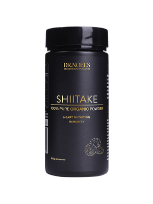 Packaged Organic Shiitake Mushroom Powder with the name 'Shiitake' visible