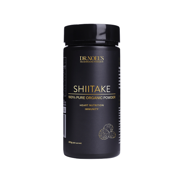 Packaged Organic Shiitake Mushroom Powder with the name 'Shiitake' visible